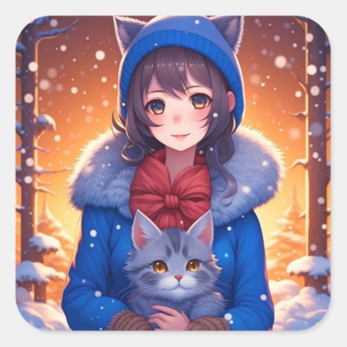 Anime Girl and a Kitten Winter Christmas Square Sticker