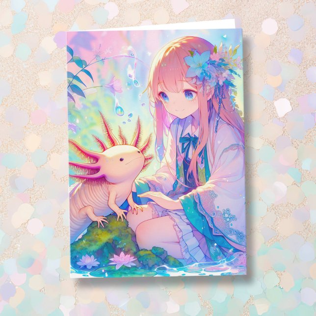 Anime Girl and an Axolotl Personalized Birthday Card (Creator Uploaded)