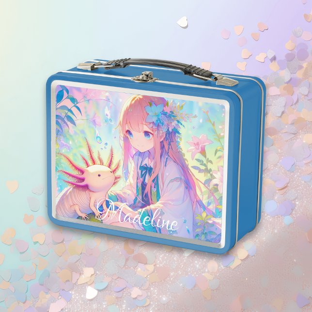 Anime Girl and Axolotl Personalized Metal Lunch Box (Creator Uploaded)