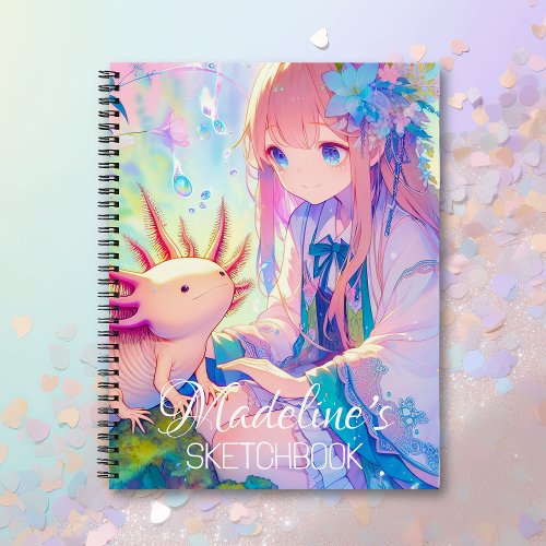 Anime Girl and Axolotl Personalized Sketchbook Notebook