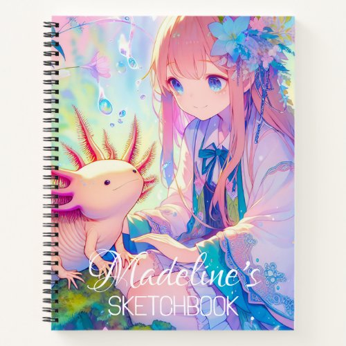 Anime Girl and Axolotl Personalized Sketchbook Notebook