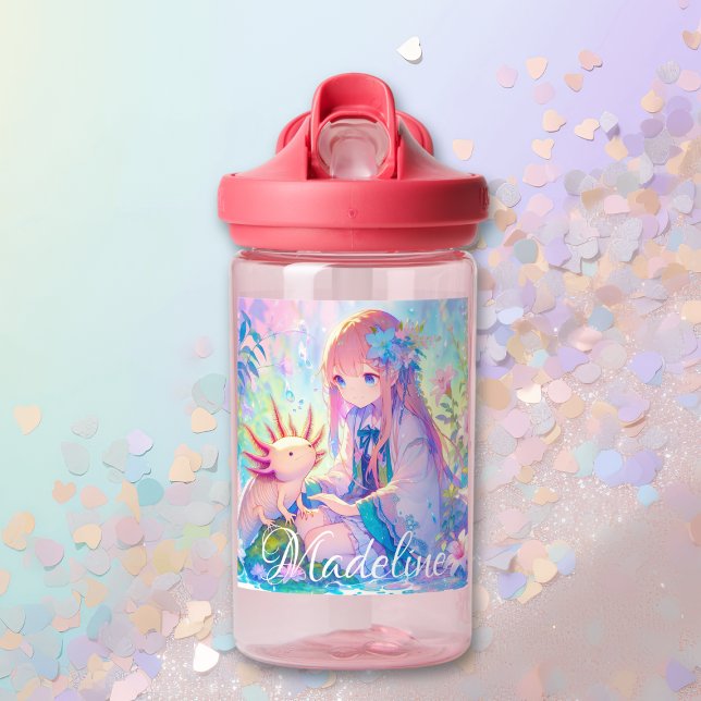 Anime Girl and Axolotl Personalized Water Bottle (Creator Uploaded)