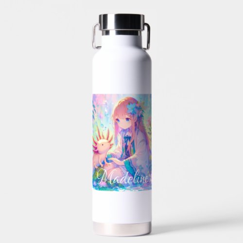 Anime Girl and Axolotl Personalized Water Bottle