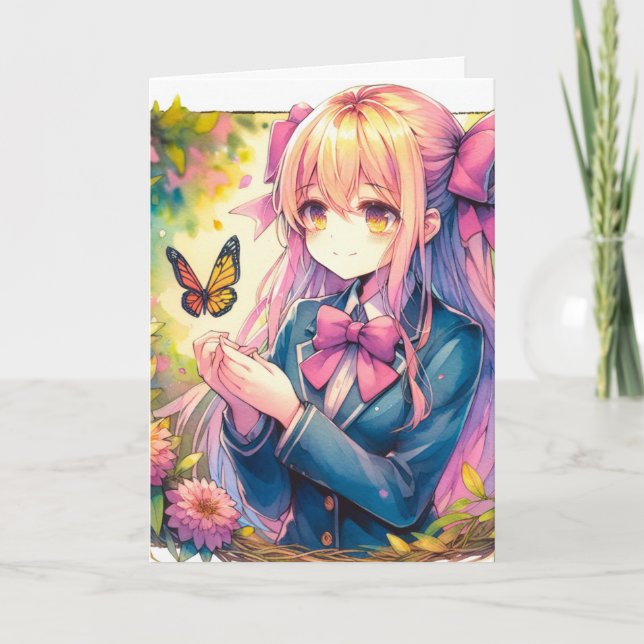 Anime Girl and Butterfly Birthday Color Page Card (Front)