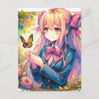 Anime Girl and Butterfly Keeping in Touch Postcard