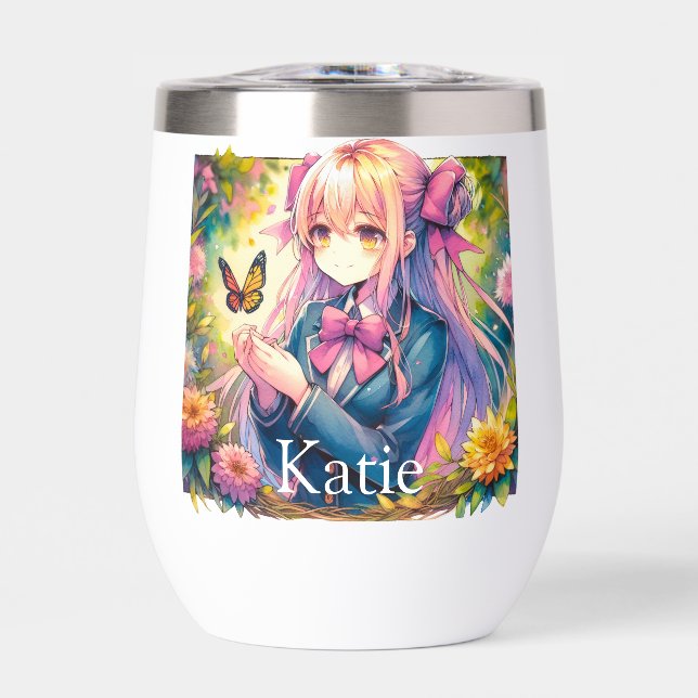 Anime Girl and Butterfly Watercolor Personalized Thermal Wine Tumbler (Front)