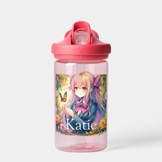 Anime Girl and Butterfly Watercolor Personalized Water Bottle (Front)