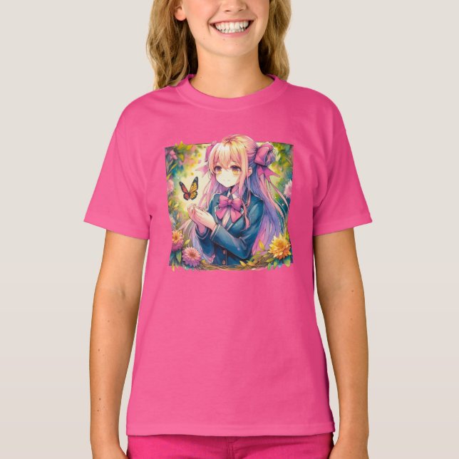 Anime Girl and Butterfly Watercolor  T-Shirt (Front)