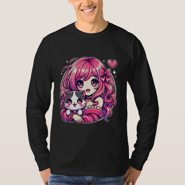 Anime Girl and Cat Kawaii Manga Girl T-Shirt (Front)