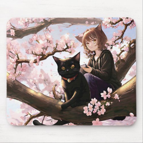 Anime Girl and Cat On A Cherry Blossom Tree Mouse Pad