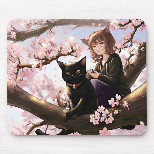 Anime Girl and Cat On A Cherry Blossom Tree Mouse Pad (Front)