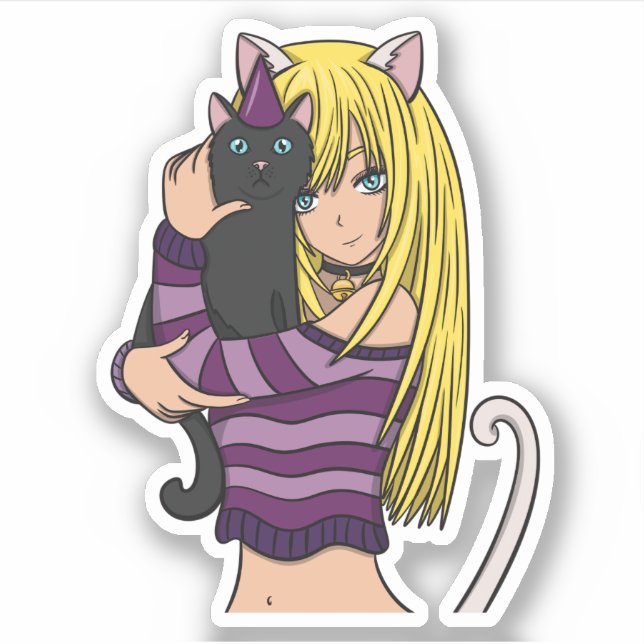 Anime Girl and Cute Cat Sticker (Front)