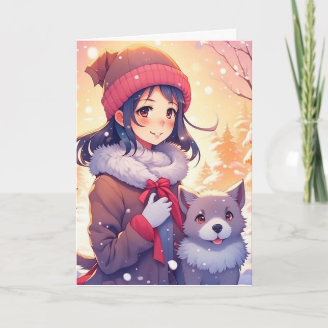Anime Girl and Dog with Christmas Background Card (Front)