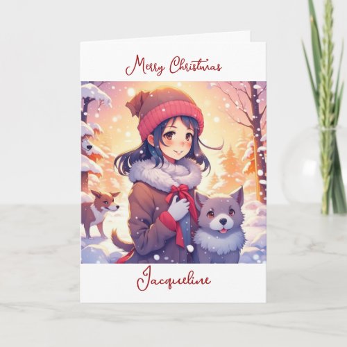 Anime Girl and Dogs with Christmas Background Card