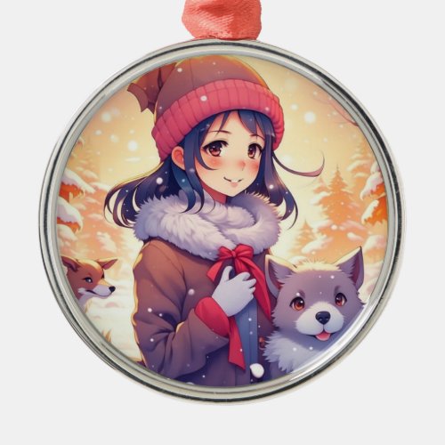 Anime Girl and Dogs with Christmas Background Metal Ornament