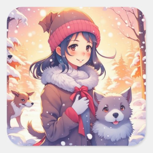 Anime Girl and Dogs with Christmas Background Square Sticker