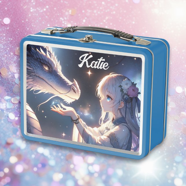Anime Girl and Her Dragon Mystical Personalized Metal Lunch Box (Creator Uploaded)