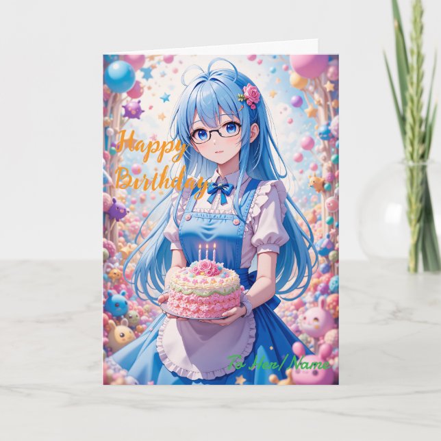 Anime Girl And Kawaii Cake Celebration Card (Front)