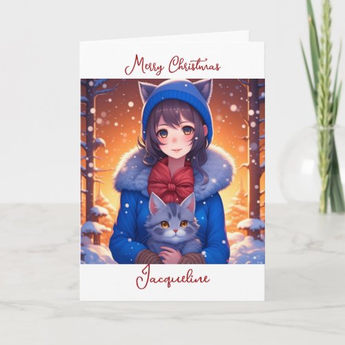 Anime Girl and Kitten Coloring Page Christmas Card