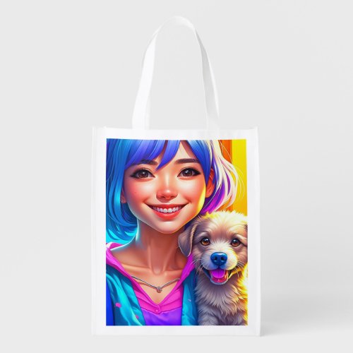 Anime Girl and Puppy Dog   Grocery Bag