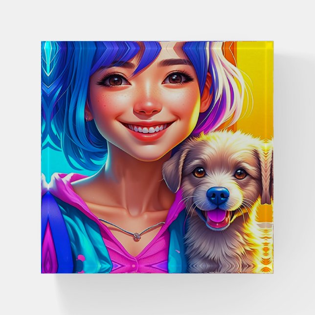 Anime Girl and Puppy Dog   Paperweight (Front)
