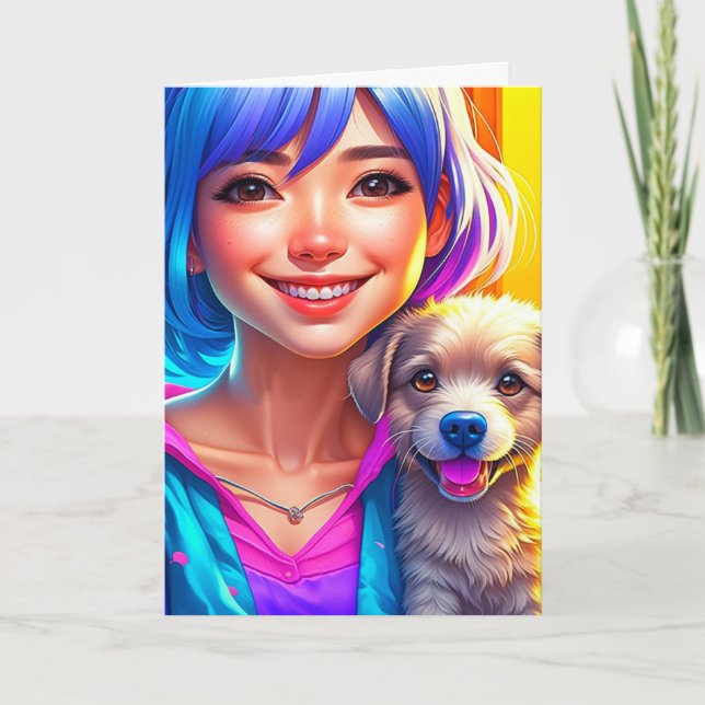 Anime Girl and Puppy Dog Personalized Birthday   Card (Front)