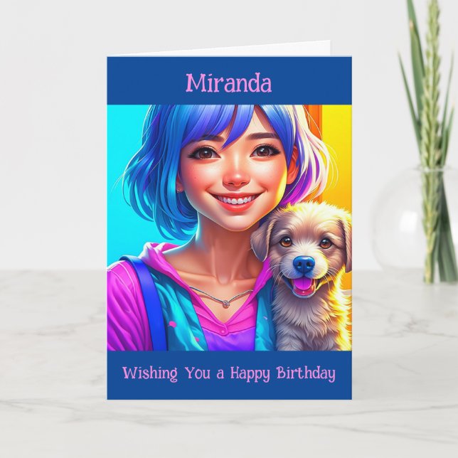 Anime Girl and Puppy Dog Personalized Birthday   Card (Front)