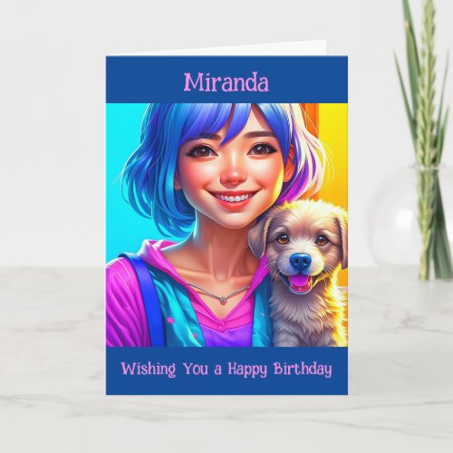 Anime Girl and Puppy Dog Personalized Birthday   Card