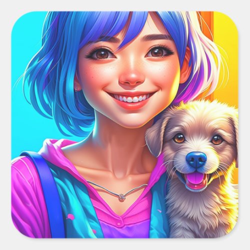 Anime Girl and Puppy Dog   Square Sticker