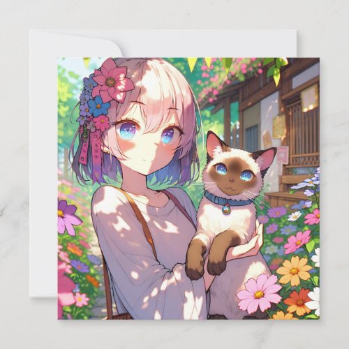 Anime Girl and Siamese Cat 