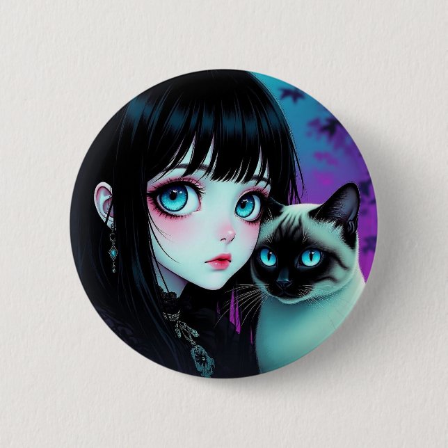 Anime Girl and Siamese Cat Button (Front)