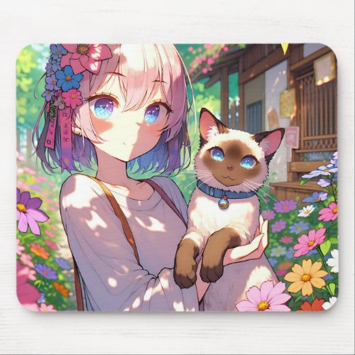 Anime Girl and Siamese Cat  Mouse Pad