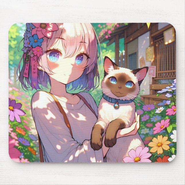 Anime Girl and Siamese Cat  Mouse Pad (Front)
