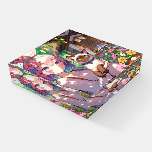 Anime Girl and Siamese Cat  Paperweight