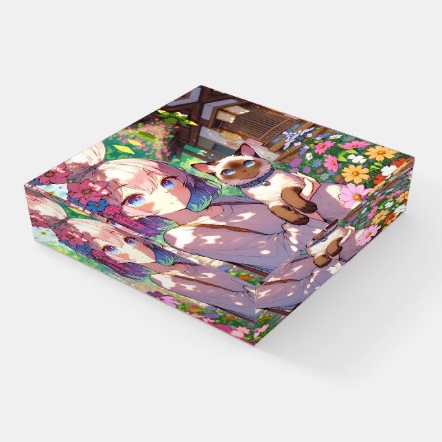 Anime Girl and Siamese Cat  Paperweight (Angled)