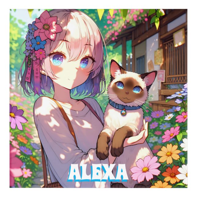 Anime Girl and Siamese Cat Personalized Acrylic Print (Front)