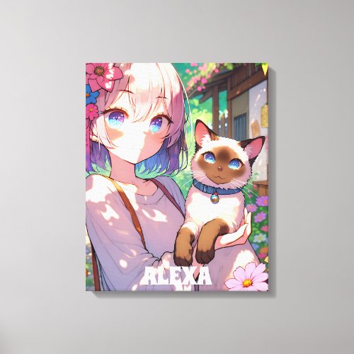 Anime Girl and Siamese Cat Personalized Canvas Print