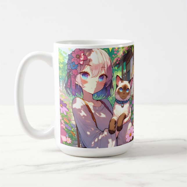 Anime Girl and Siamese Cat Personalized Coffee Mug (Left)