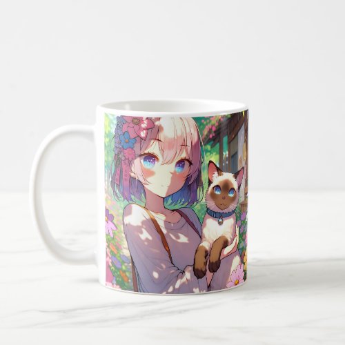 Anime Girl and Siamese Cat Personalized Coffee Mug