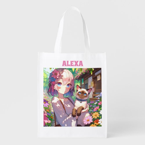 Anime Girl and Siamese Cat Personalized Grocery Bag