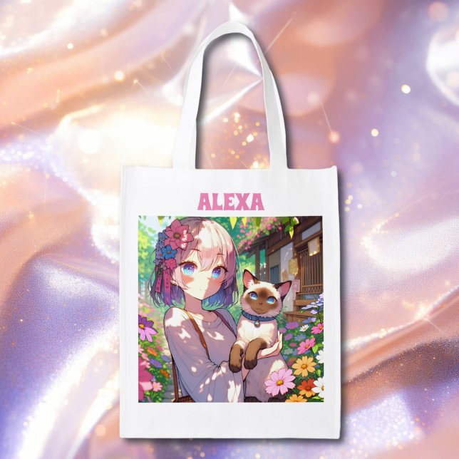 Anime Girl and Siamese Cat Personalized Grocery Bag (Creator Uploaded)