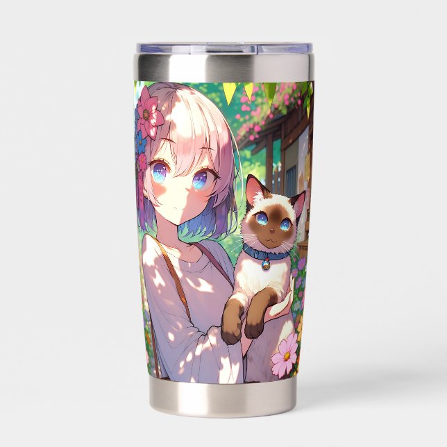 Anime Girl and Siamese Cat Personalized Insulated Tumbler (Front)