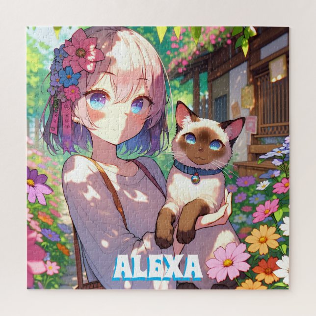 Anime Girl and Siamese Cat Personalized Jigsaw Puzzle (Vertical)