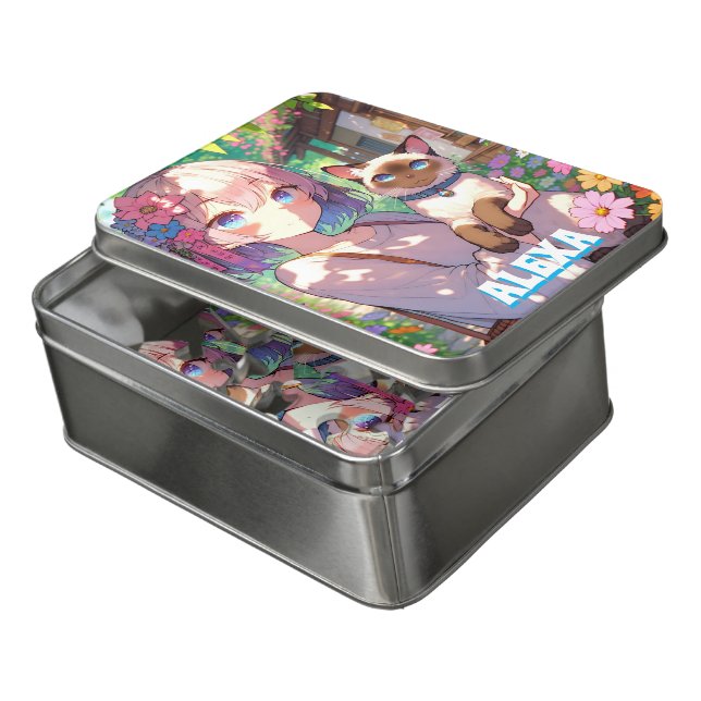 Anime Girl and Siamese Cat Personalized Jigsaw Puzzle (Lid Open)