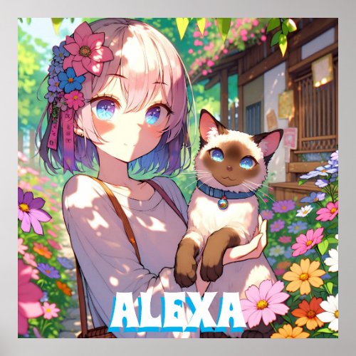 Anime Girl and Siamese Cat Personalized Poster