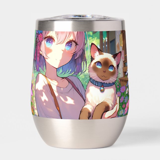 Anime Girl and Siamese Cat Personalized Thermal Wine Tumbler (Front)
