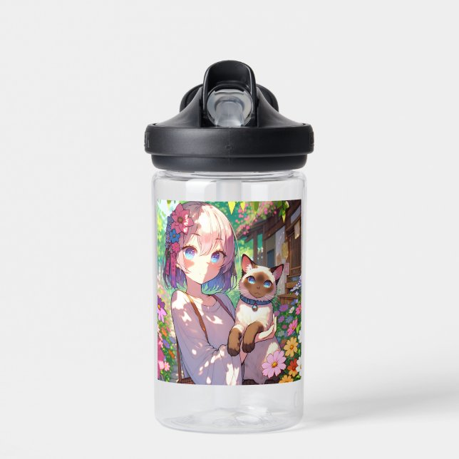Anime Girl and Siamese Cat Personalized Water Bottle (Front)