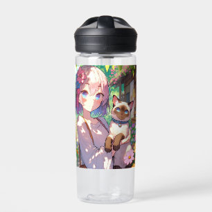 Anime Girl and Siamese Cat Personalized Water Bottle
