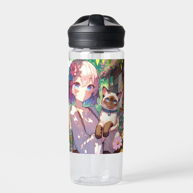 Anime Girl and Siamese Cat Personalized Water Bottle (Front)