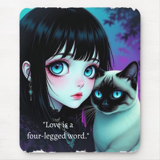 Anime Girl and Siamese Cat Quote  Mouse Pad (Front)
